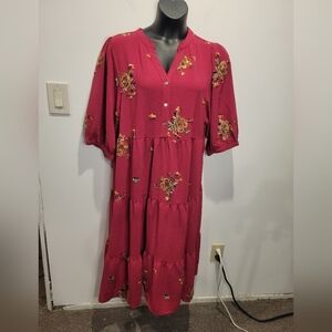 Anthropologie Red Floral Embroidered Maxi Dress
